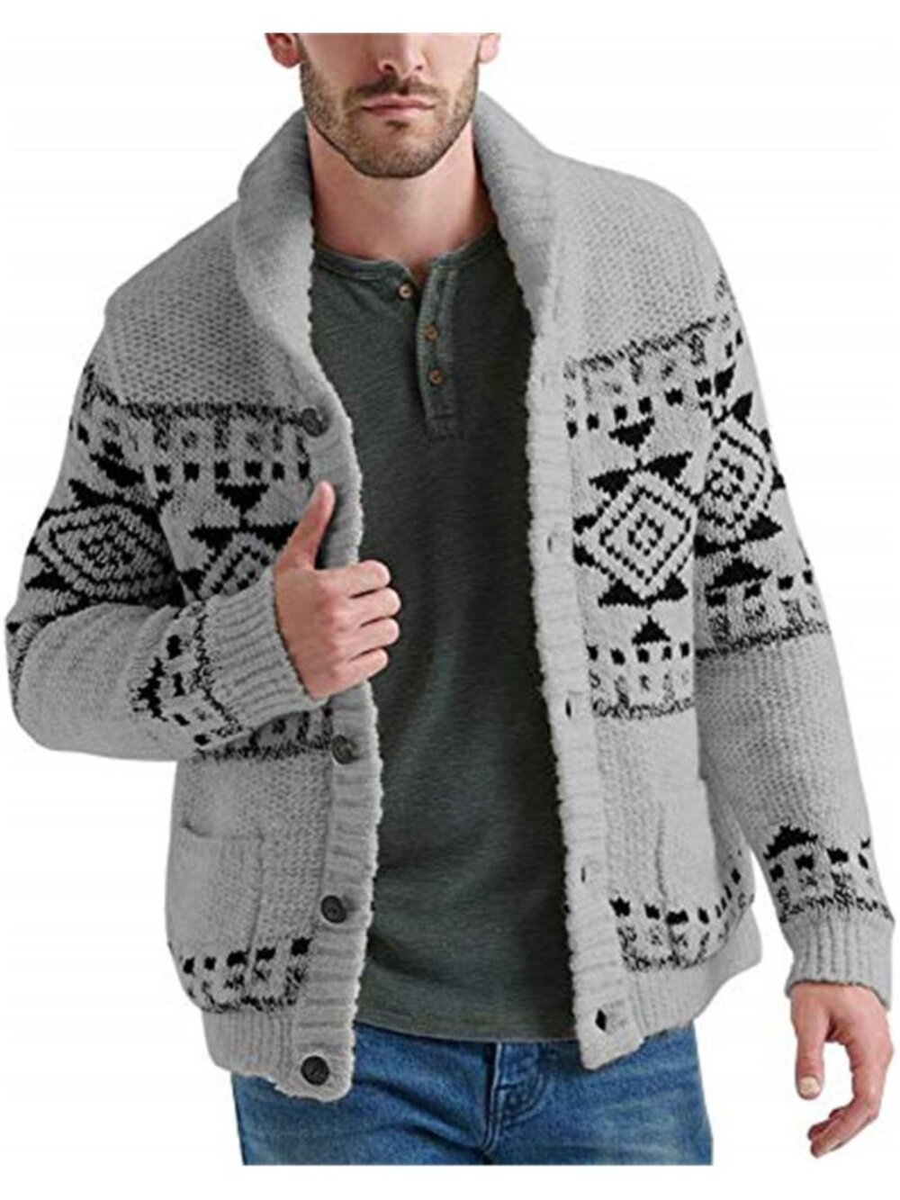 Men's Shawl Collar Cardigan Sweater Multi Color Button Down Knitted Sweater